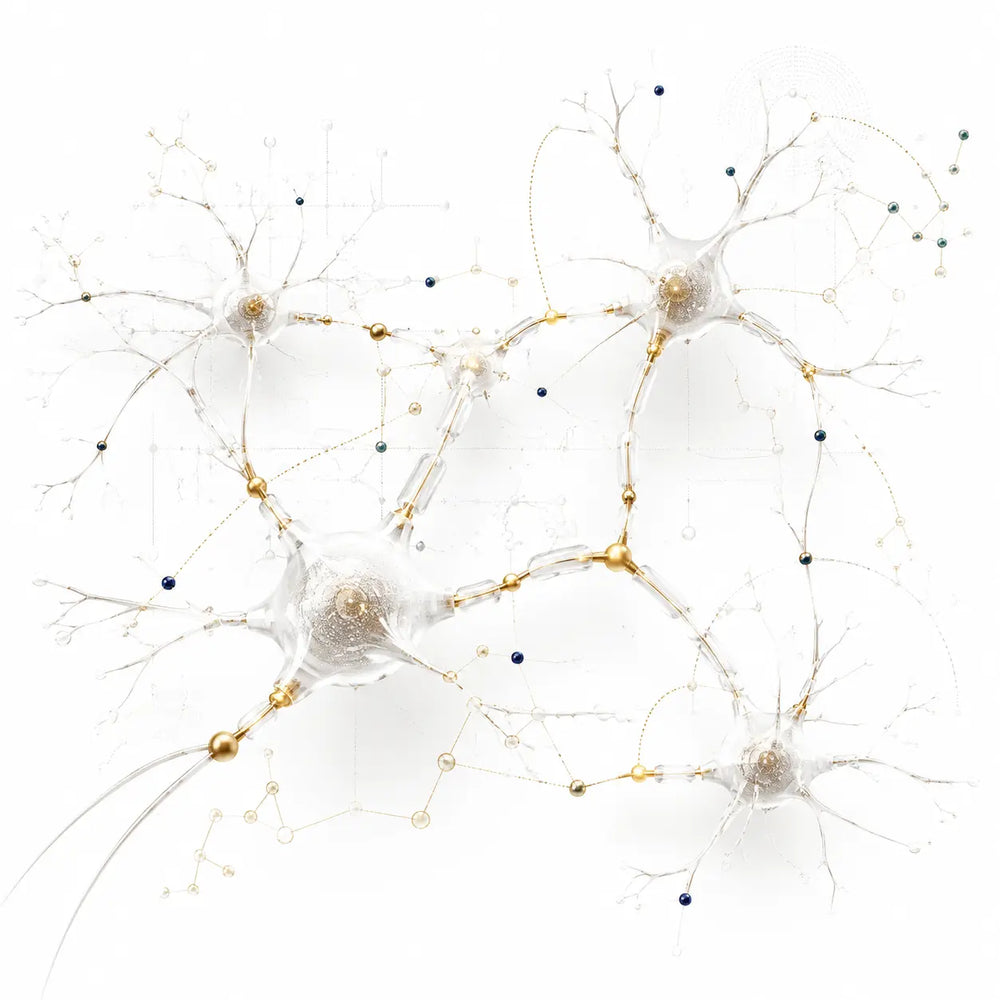 Translucent neuron-inspired structures connect through delicate gold pathways and scientific nodes, representing neural communication and cognitive research.