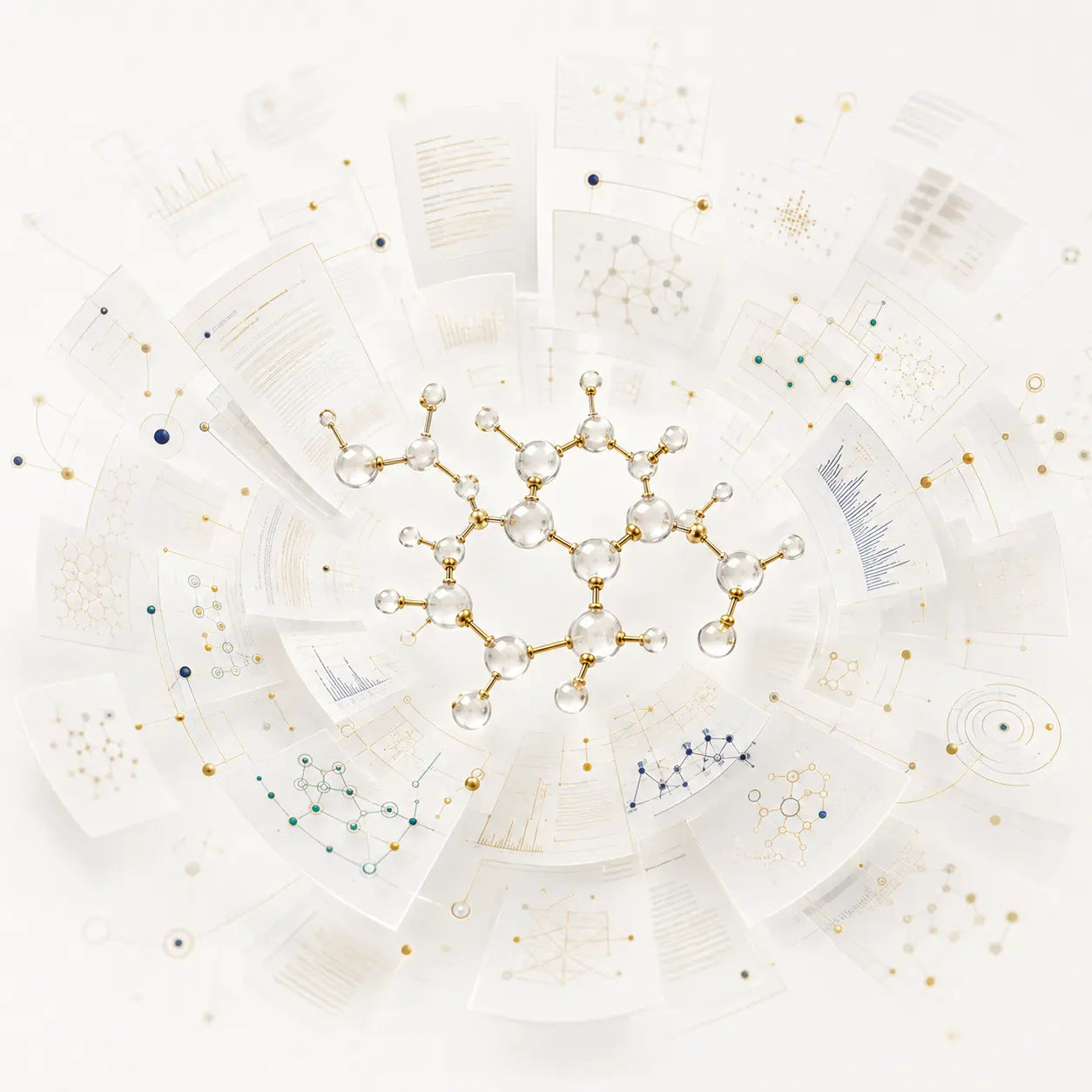 A central peptide structure is surrounded by expanding layers of research documents, molecular diagrams, analytical charts, and connected scientific nodes.