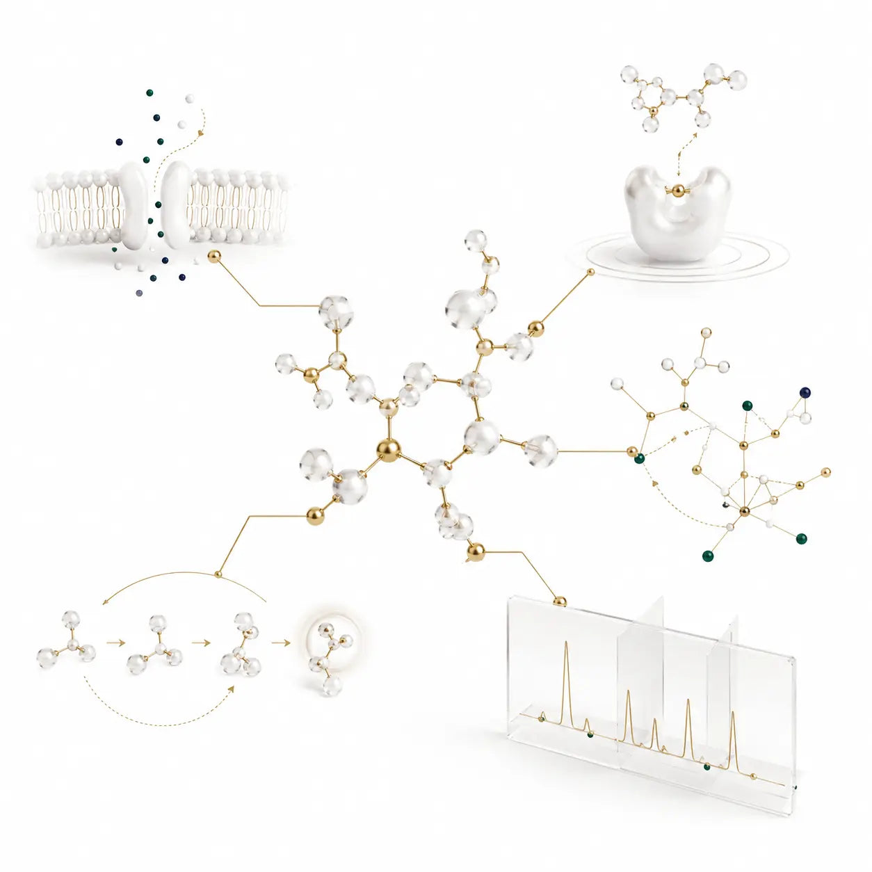 A central peptide structure branches into illustrations of cellular signaling, receptor interaction, molecular pathways, biochemical processes, and laboratory analysis.