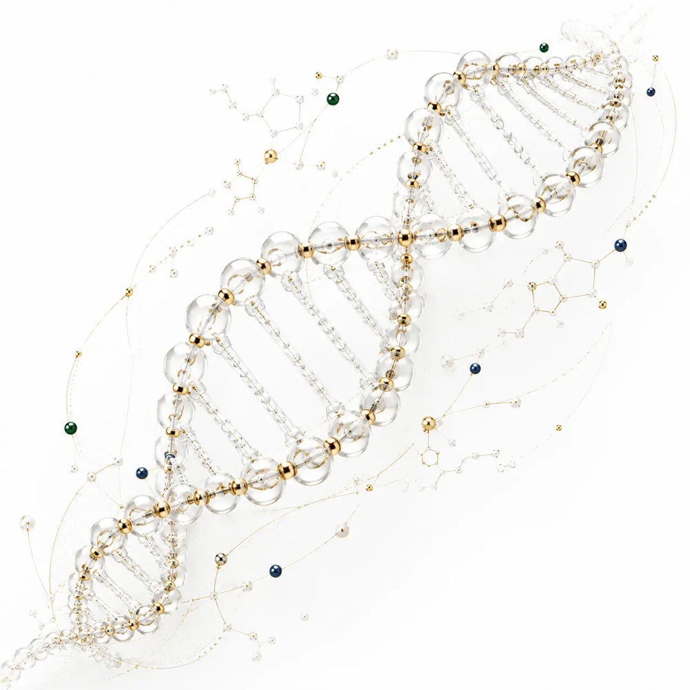 A glass-like DNA double helix with gold molecular connections is surrounded by subtle maintenance pathways and regulatory nodes, representing longevity research.