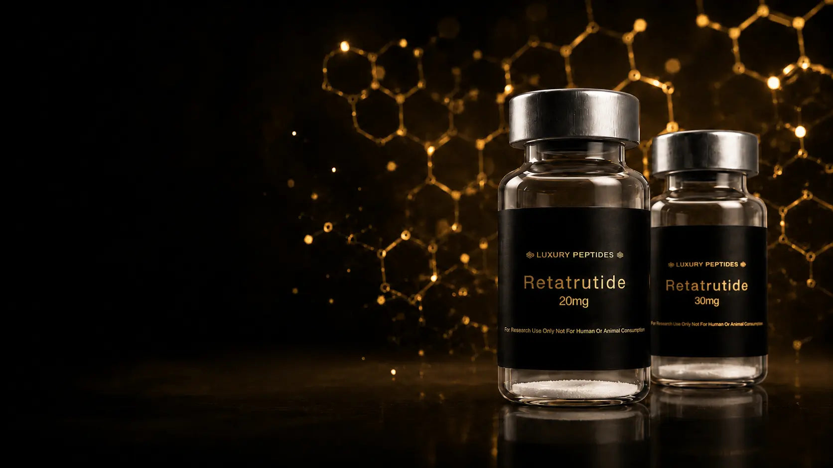 Two Luxury Peptides Retatrutide research vials, 20mg and 30mg, displayed against a dark molecular background.
