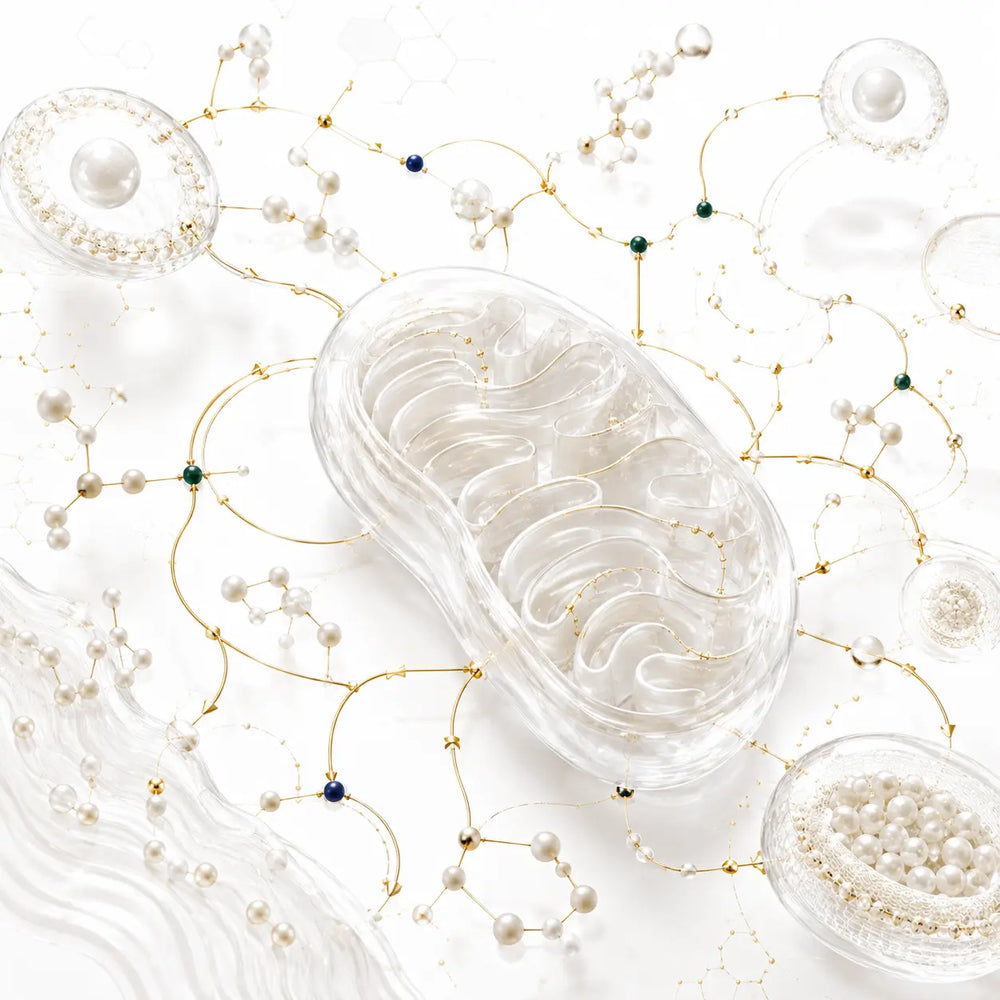 A translucent mitochondrial structure connects with molecular-transfer routes and biochemical pathways, representing cellular energy regulation and metabolic research.