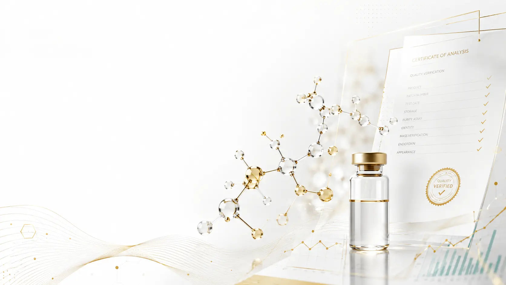 Abstract peptide molecular structure with research documentation and a laboratory vial on a clean white and gold background.