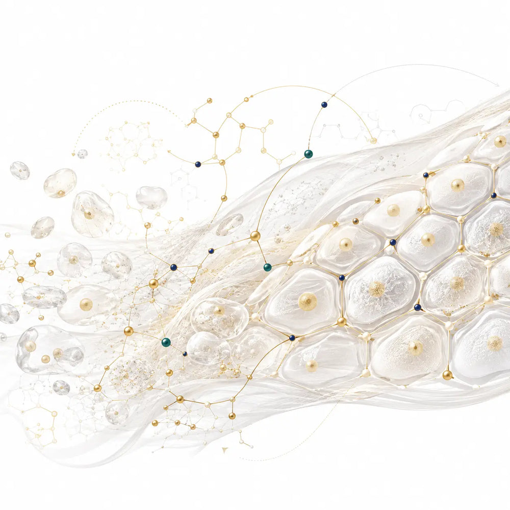 Abstract cells and tissue fibers transition toward an organized structure through delicate molecular signaling pathways, representing recovery research in laboratory models.