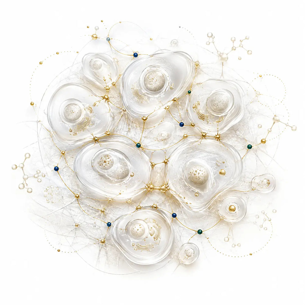 Translucent cells connect through delicate gold signaling pathways and an extracellular matrix, representing cellular maintenance, renewal, and intercellular communication research.