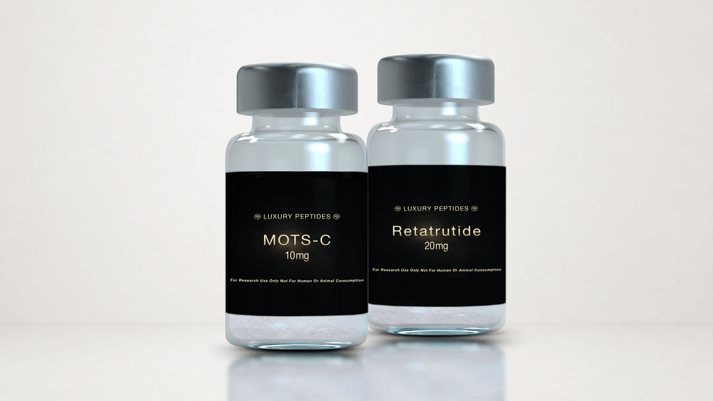 Two Luxury Peptides research vials labeled MOTS-C 10mg and Retatrutide 20mg displayed side by side on a neutral background with a soft reflective surface.