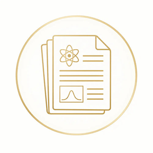 Gold line icon of scientific research papers representing published peptide research and article resources.