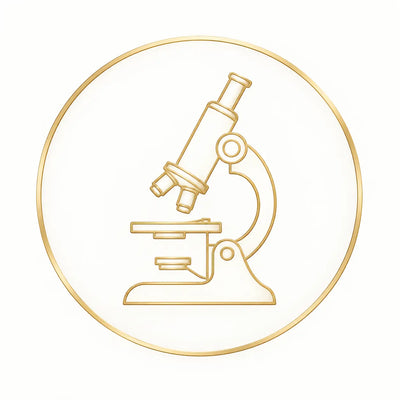 Gold line icon of a microscope representing laboratory research and scientific analysis.