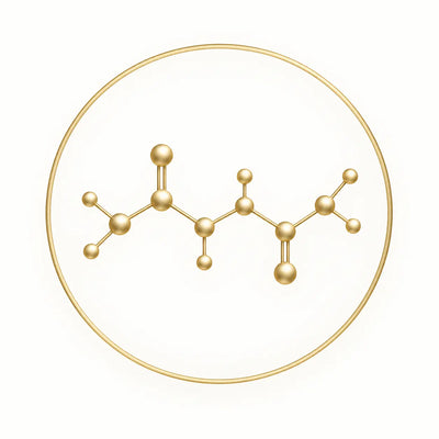 Gold line molecular structure icon representing peptide compounds and molecular research pathways.