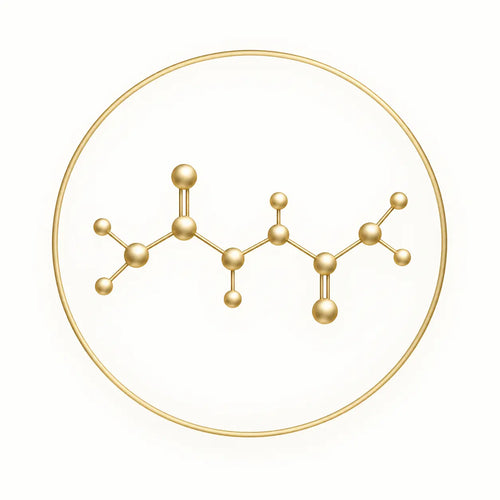 Gold line molecular structure icon representing peptide compounds and molecular research pathways.