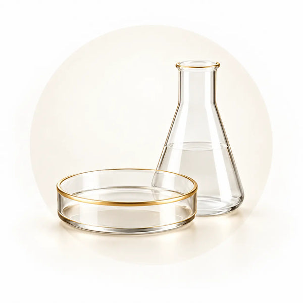 Gold-trimmed laboratory flask and petri dish representing how peptides are studied in laboratory research.