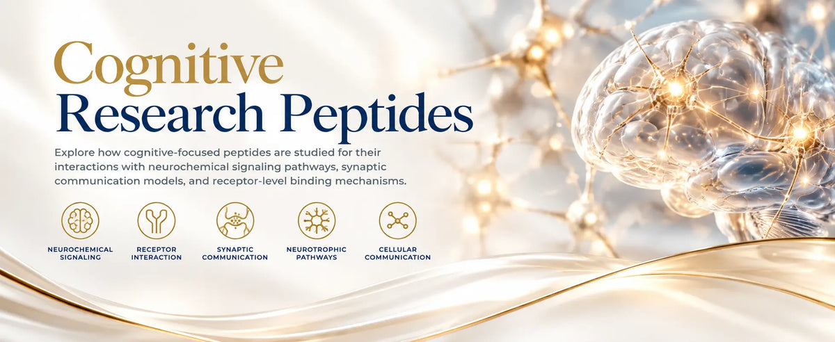 Cognitive Research Peptides educational banner highlighting neurochemical signaling, receptor interaction, synaptic communication, neurotrophic pathways, and cellular communication.