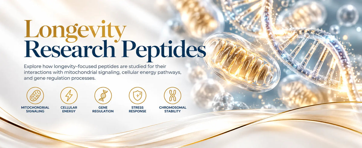Longevity Research Peptides educational banner highlighting mitochondrial signaling, cellular energy, gene regulation, stress response, and chromosomal stability.