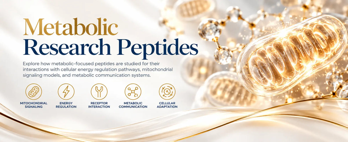 Metabolic Research Peptides educational banner highlighting mitochondrial signaling, energy regulation, receptor interaction, metabolic communication, and cellular adaptation.