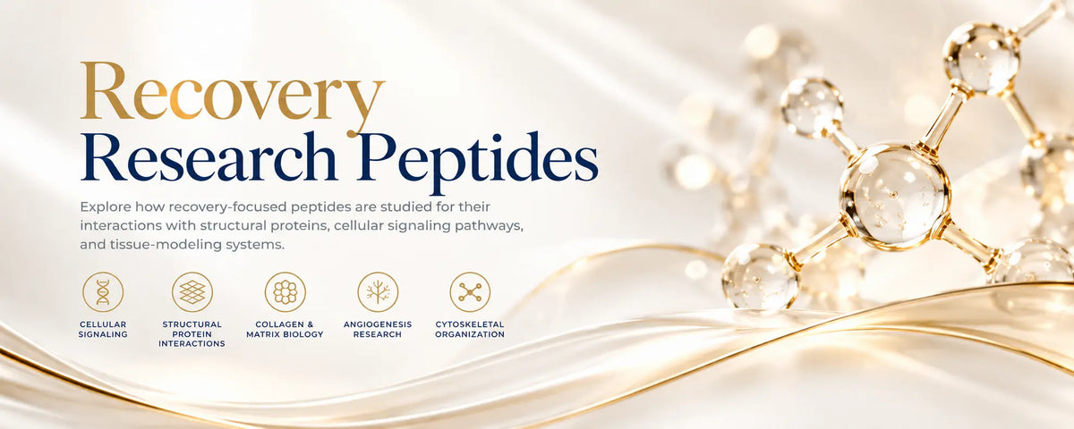 Recovery Research Peptides educational banner highlighting cellular signaling, structural proteins, matrix biology, angiogenesis, and cytoskeletal organization.