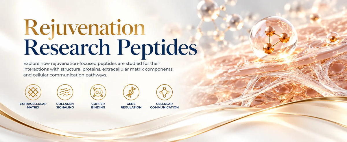 Rejuvenation Research Peptides educational banner highlighting extracellular matrix, collagen signaling, copper binding, gene regulation, and cellular communication.