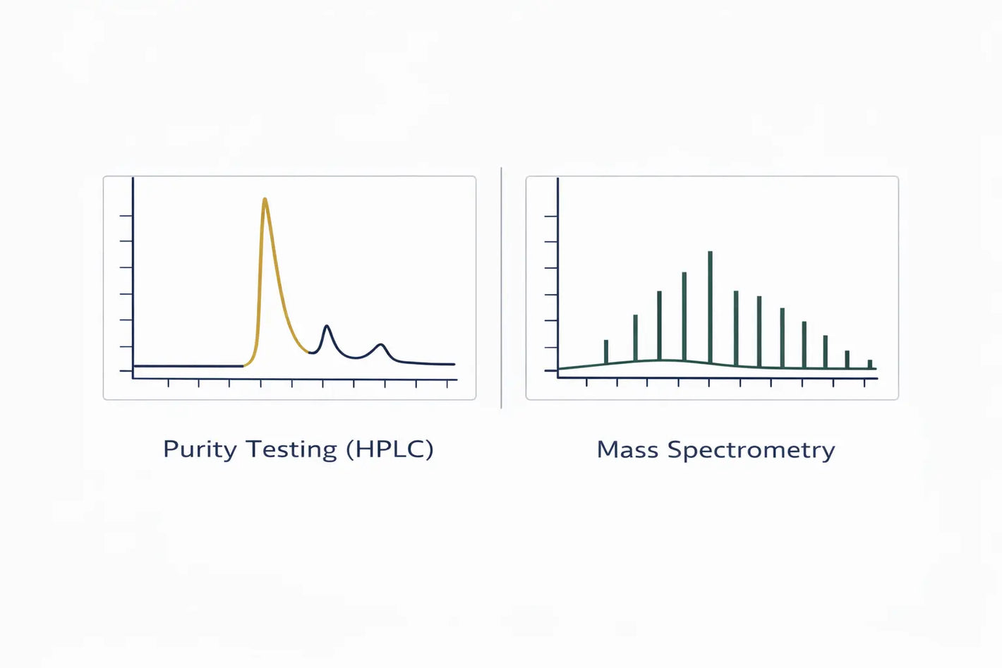 Peptide purity testing graphic showing HPLC chromatogram and mass spectrometry chart for laboratory analysis.