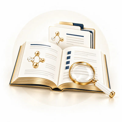 Open scientific reference book with molecular diagrams and magnifying glass representing a peptide research glossary.